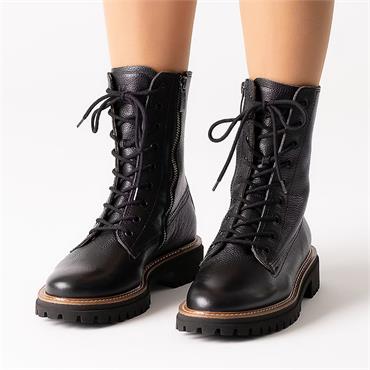 Paul Green Laced Military Ankle Boot - Black Leather